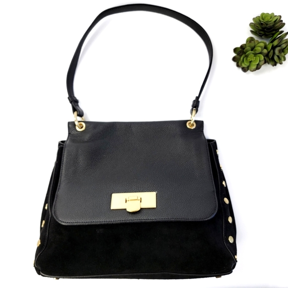 Donna Karan Handbags - Donna Karan Black Suede & Leather Shoulder Bag Gold Studs / Rivets